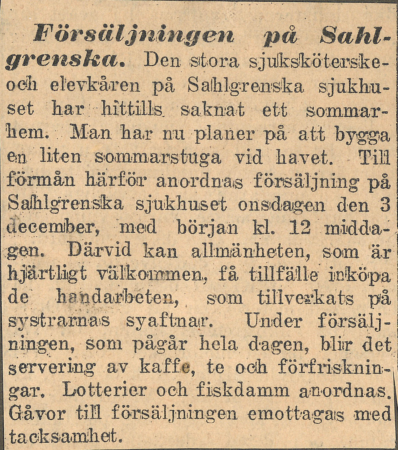
                    Ett fotografi av ett tidningsurklipp om sjuksystrarnas julförsäljning.
                    