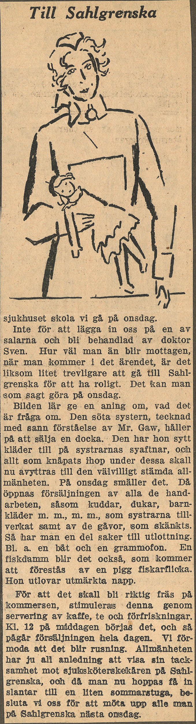 
                    Ett fotografi av ett tidningsurklipp om sjuksystrarnas julförsäljning.
                    