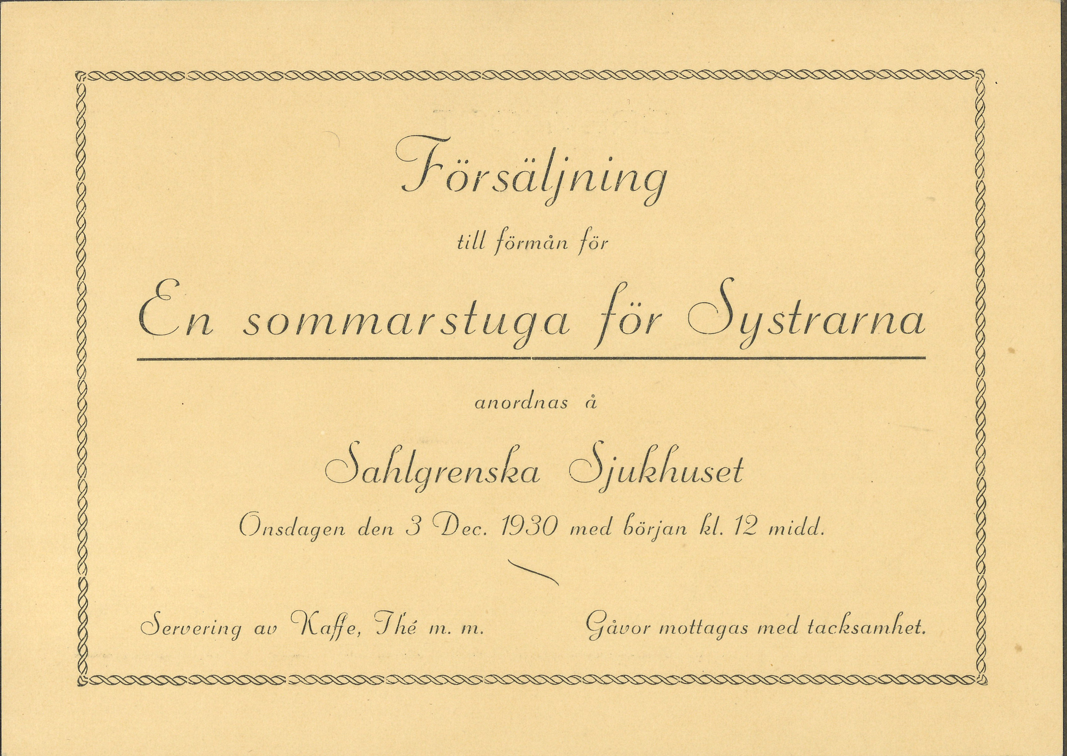 
                    Ett fotografi av ett inbjudningskort till sjuksystrarnas julförsäljning.
                    